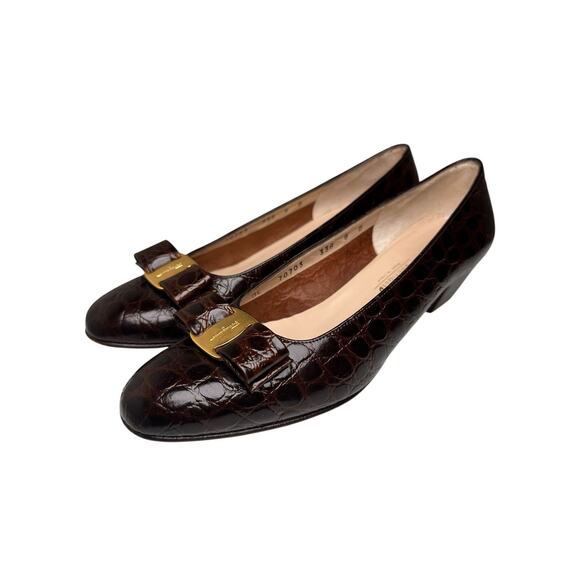 Vtg 90’s Salvatore Ferragamo Brown Calf Croc Leather Gold Bow Vara Shoes Sz 8 B - Picture 6 of 16
